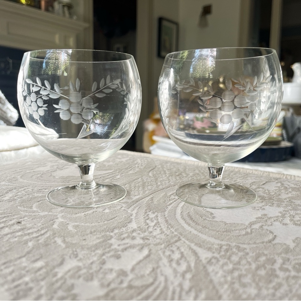 Vintage Etched Glass Snifters Wheat Berry Pattern Globe Shaped Glasses, Set of 2